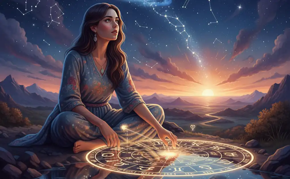 Mulher contemplativa olhando para estrelas - representação de autoconhecimento através do mapa astral terapêutico